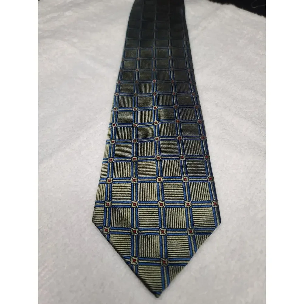 Jos. A. Bank green blue square geometric silk tie - 59